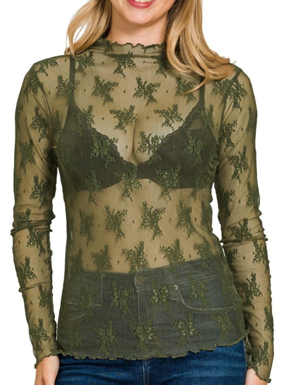 Zenana Dark Olive Lace Layering Top